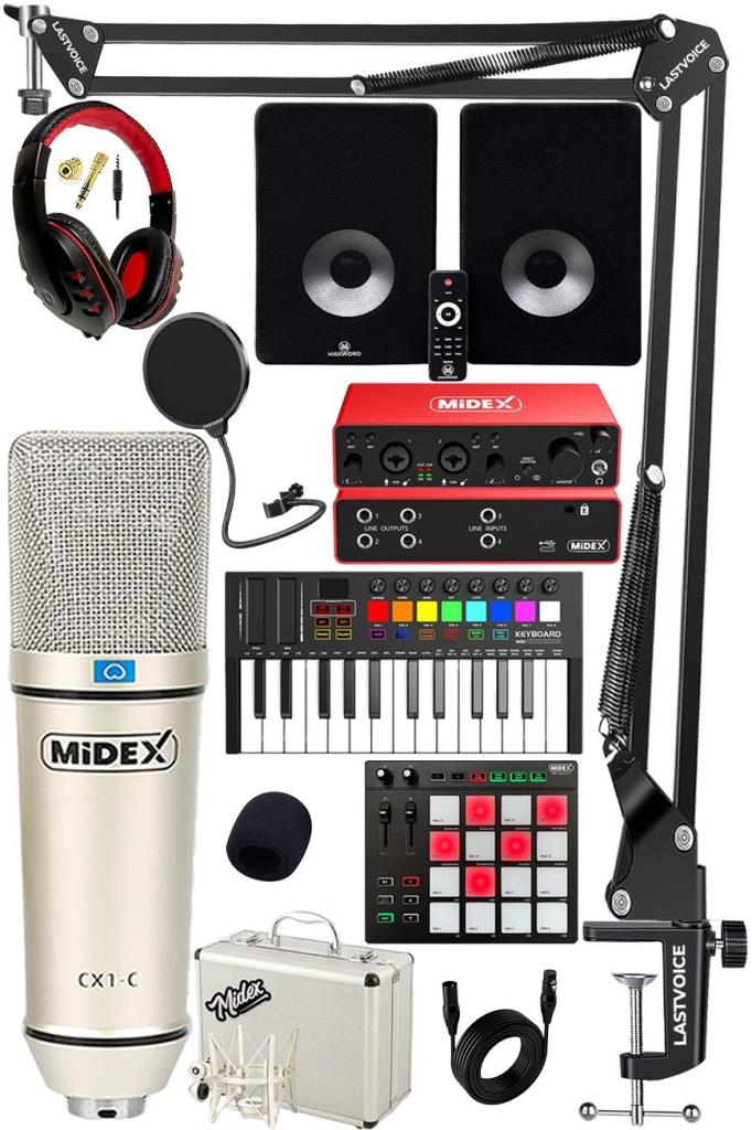 Midex Referans Paket-6 Maxword Monitör Ses Kartı CX1 Mikrofon Pad Controller Midi Klavye