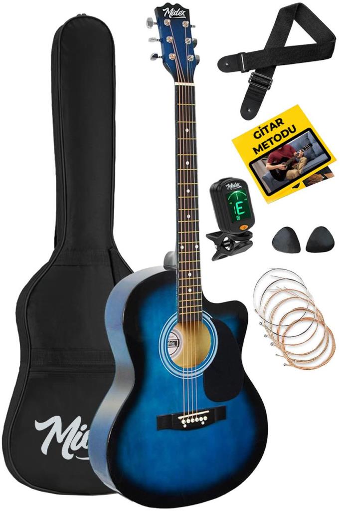 Midex RG-540BL Kaliteli Kesik Kasa Mavi 40 İnç Akustik Gitar Seti 4/4 Yetişkin