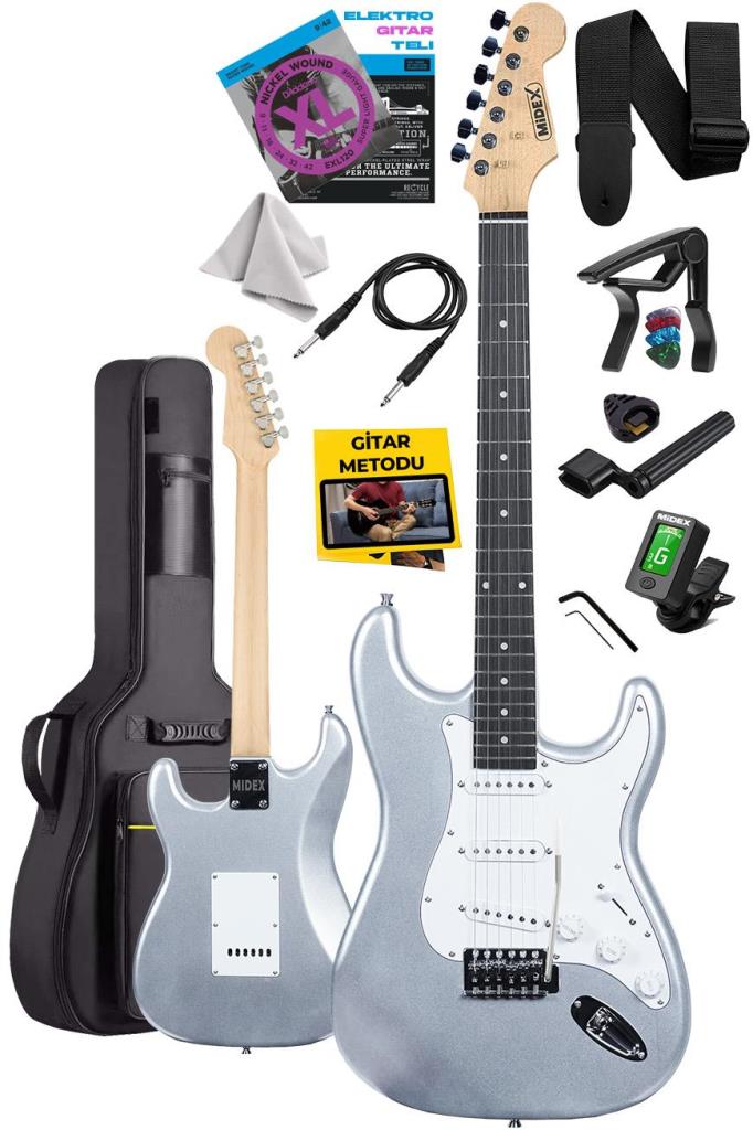 Midex RPH-30SL Gül Klavye Silver Strat Kasa SSS Elektro Gitar Seti