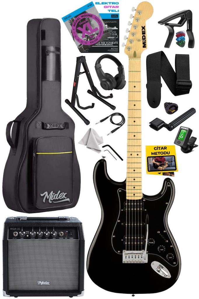 Midex RPH-40BK-35AMP Full Black 35W Şarjlı BT Amfili Elektro Gitar Seti HSH Manyetik Maple Klavye