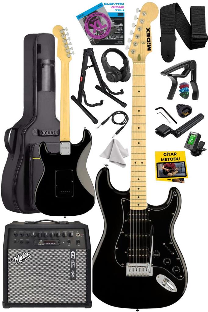 Midex RPH-40BK-50AMP Full Black 50W Şarjlı BT Amfili Elektro Gitar Seti HSH Manyetik Maple Klavye