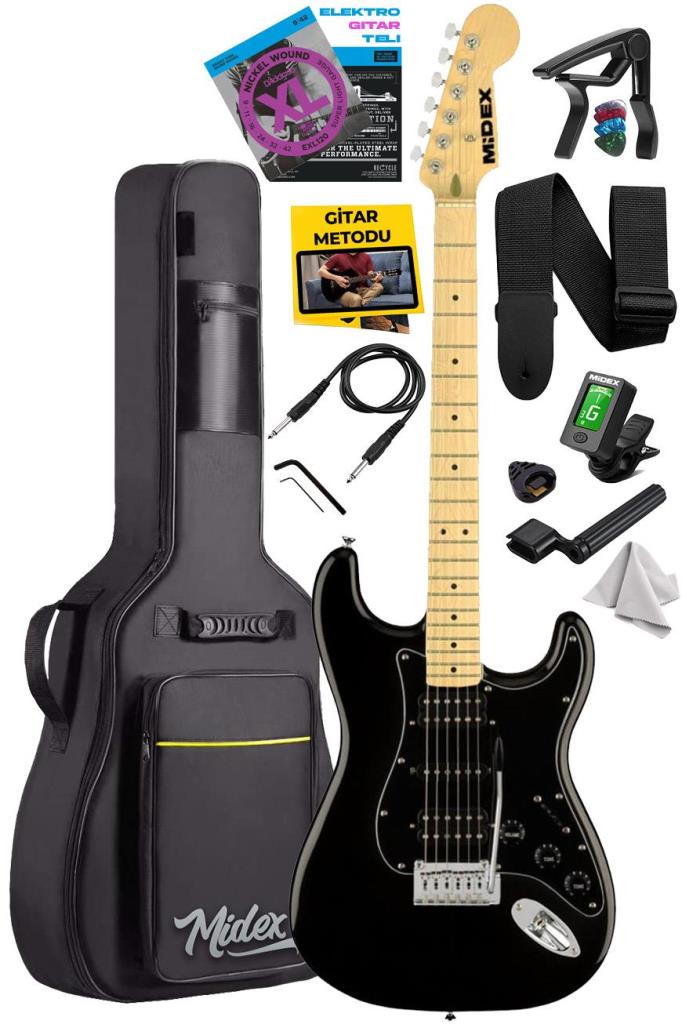 Midex RPH-40BK Full Black Elektro Gitar Seti HSH Manyetik Maple Klavye Üst Kalite