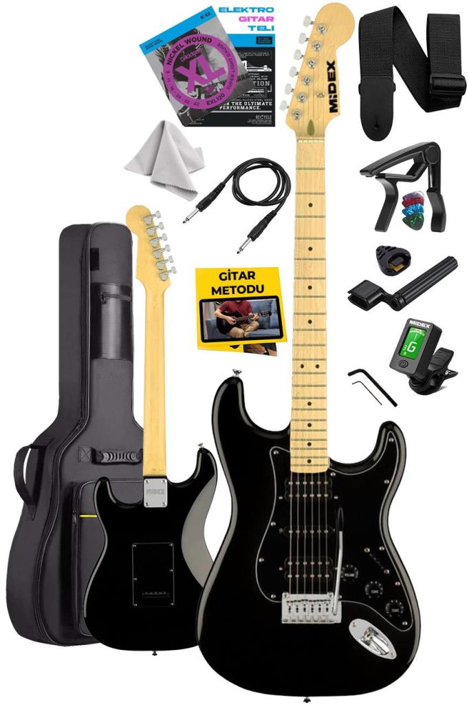 Midex RPH-40BK Full Black Elektro Gitar Seti HSH Manyetik Maple Klavye Üst Kalite