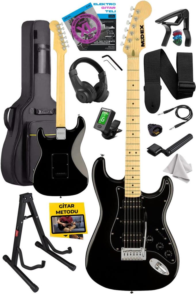 Midex RPH-40BK-ST Full Black Elektro Gitar Seti HSH Manyetik Maple Klavye Üst Kalite