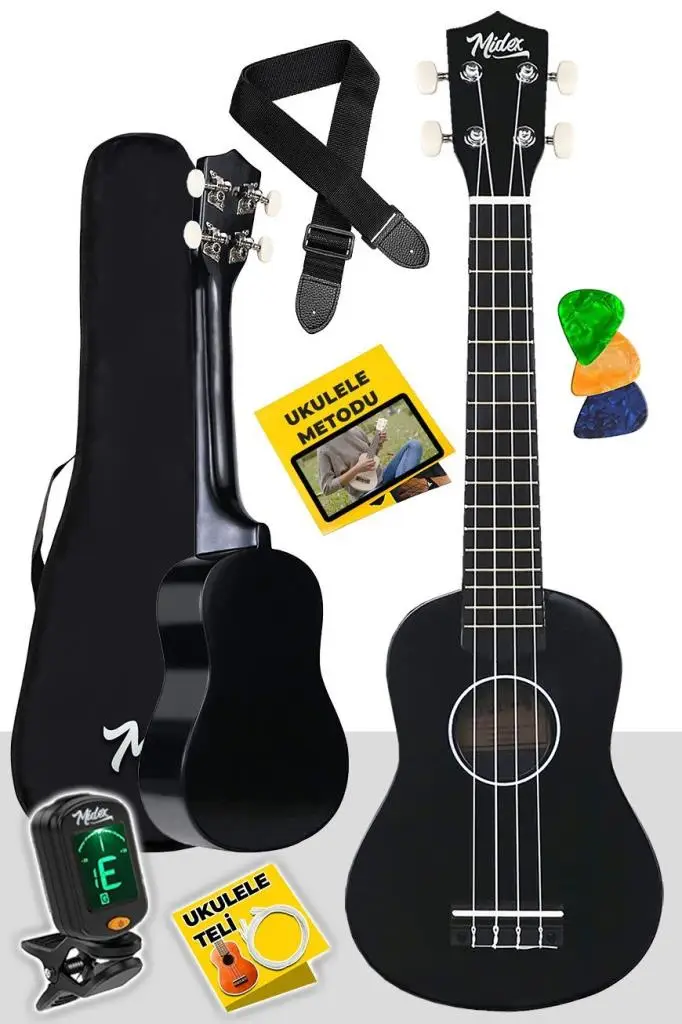 Midex UKX-233BKT Siyah Concert Ukulele (Tuner TEL Askı Çanta Metod Pena)