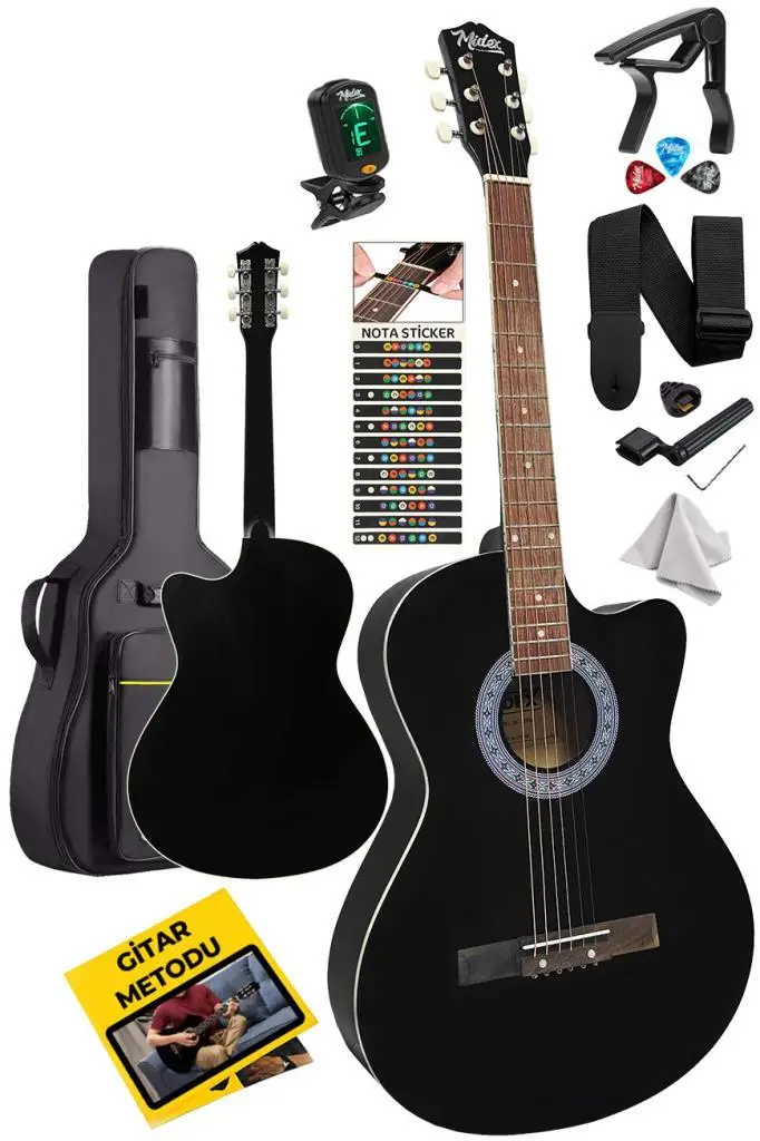 Midex XC-120 Siyah Kaliteli Akustik Gitar Gül Klavye Sap Ayarlı 4/4 Yetişkin Boy Full Set