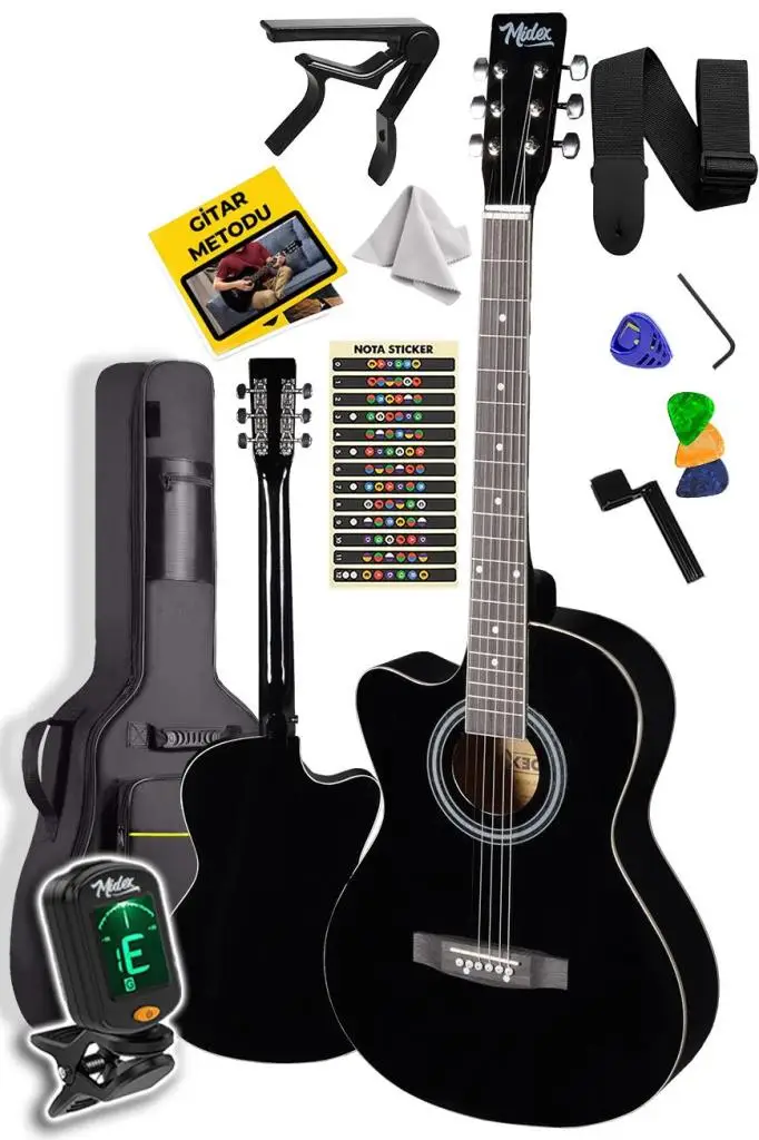 Midex XC-121 Siyah Kaliteli SOLAK Akustik Gitar Gül Klavye Sap Ayarlı 4/4 Yetişkin Boy Full Set