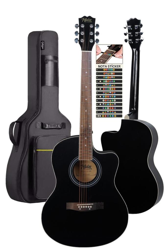 Midex XC-200BK Kesik Kasa Siyah Akustik Gitar 4/4 Yetişkin Üst Segment (Gigbag Çanta Tuner Capo Askı Pena)