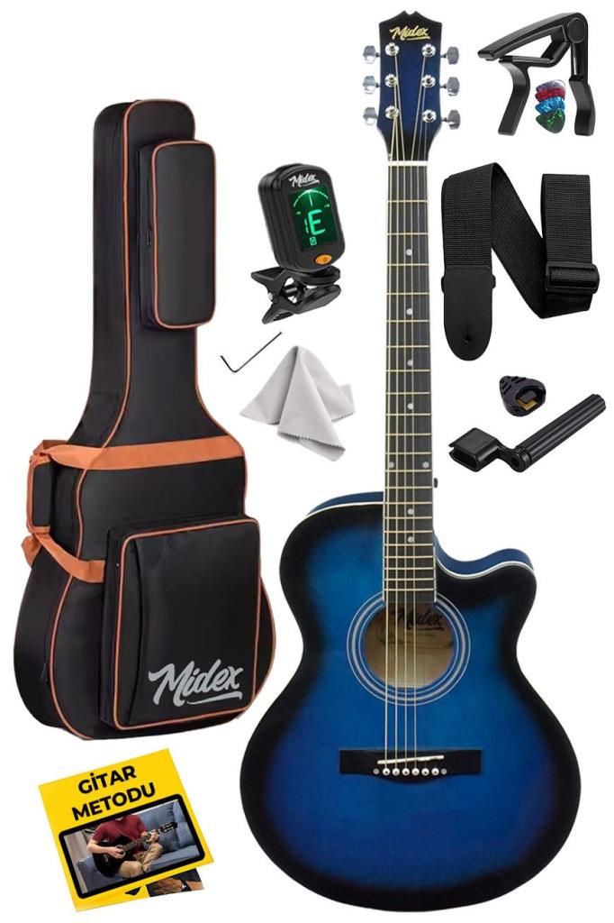 Midex XC-200BL Kaliteli Akustik Gitar Seti 40 İnç 4/4 Yetişkin Full Set