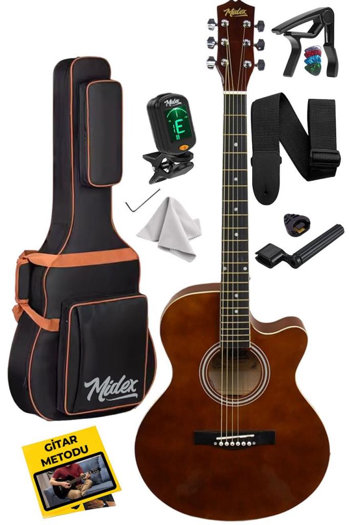 Midex XC-200BRW Kaliteli Akustik Gitar Seti 40 İnç 4/4 Yetişkin Full Set