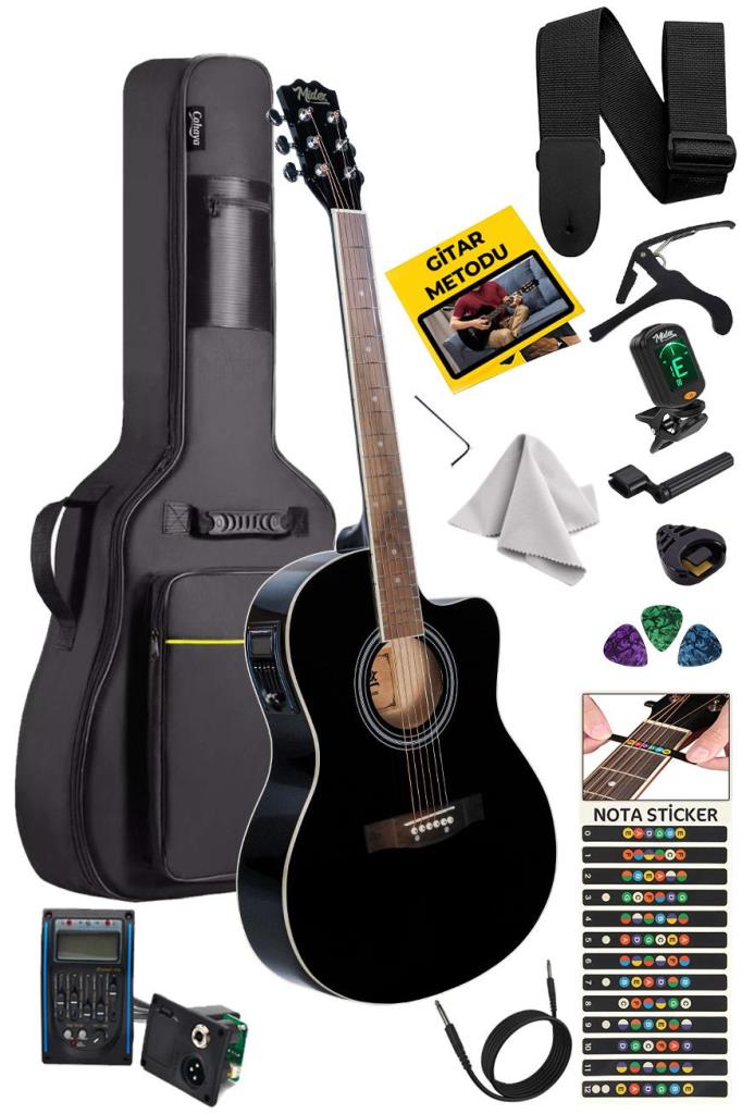 Midex XC-300BK-EQ Profesyonel Siyah Elektro Akustik Gitar 4/4 Yetişkin Üst Segment (Siyah Gigbag Çanta Tuner Capo Askı Jak Kablo Pena)