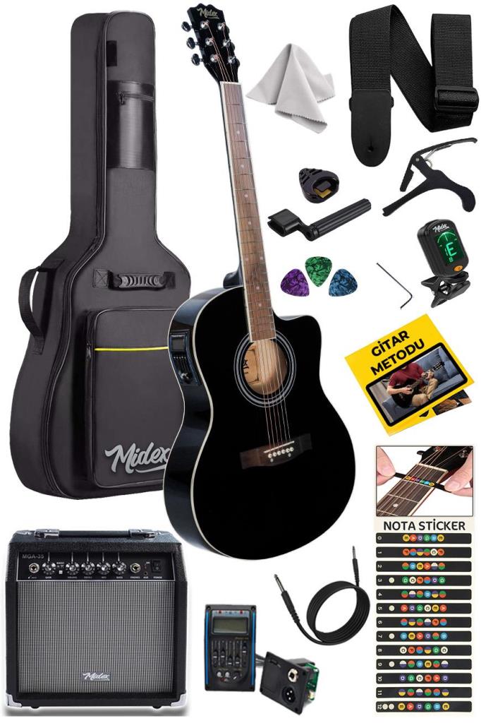 Midex XC-300XBK-AMP Profesyonel AMFİLİ Siyah Elektro Akustik Gitar (Amfi Gigbag Çanta Tuner Capo Askı Jak Kablo Pena)