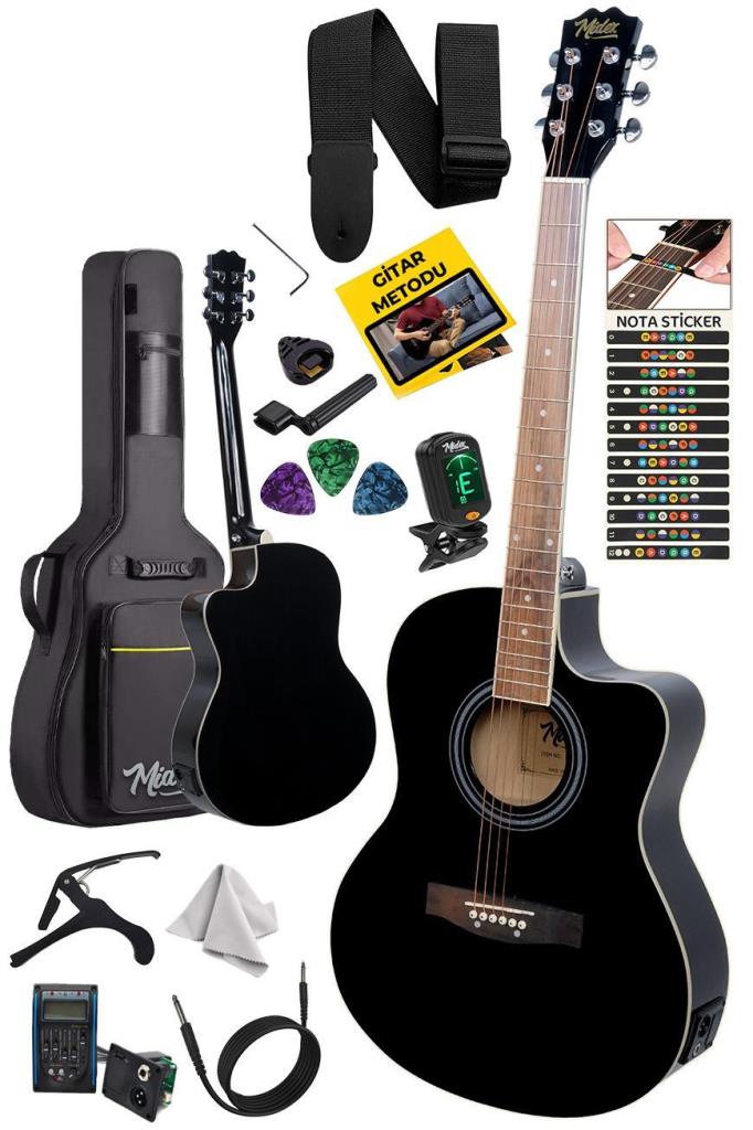 Midex XC-300XBK-EQ Profesyonel Siyah Elektro Akustik Gitar 4/4 Yetişkin Üst Segment (Gigbag Çanta Tuner Capo Askı Jak Kablo Pena)