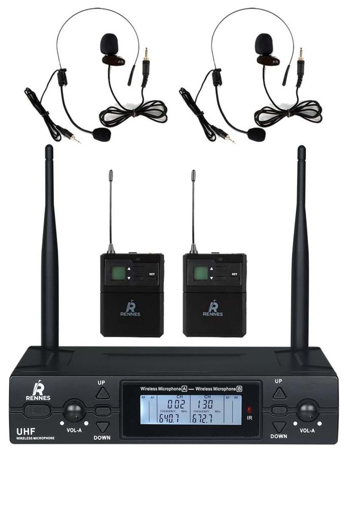 Rennes RM-900HH UHF 2x100 Kanal Çiftli Kablosuz Yaka ve Headset Mikrofonu Çift Anten LCD Ekran